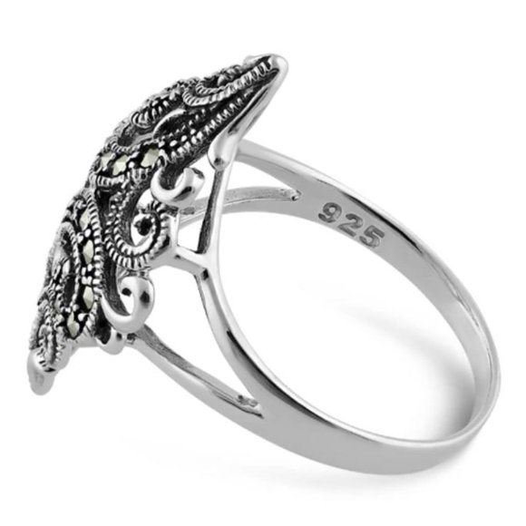 925 STERLING SILVER Swirl Marcasite Ring - Picture 15 of 15